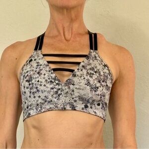COMFY & SEXY, gray, and white star patterned sports bra with cute black straps